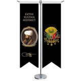 Asilmeydan Osmanlı Padişahları Fatih Sultan Mehmet ve Osmanlı Arması Kırlangıç Saten T Direk Masa Bayrağı 2'li