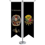 Asilmeydan Osmanlı Padişahları - V. Mehmed ve Osmanlı Arması - Saten- Kırlangıç - T Direk 2li Masa Bayrağı - Renkli