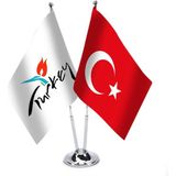 Asilmeydan Türkiye - Turkey Logolu Ikili Saten Masa Bayrağı - Renkli