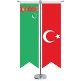 Asilmeydan Türkmenistan Cumhuriyeti Bayrağı ve Türkiye Kırlangıç Saten T Direk Masa Bayrağı 2'li