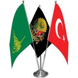 Asilmeydan Yeşil Tuğra Osmanlı Arması ve Türkiye Üçlü Saten Masa Bayrağı Set