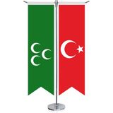Asilmeydan Yeşil Üç Hilal ve Türkiye Kırlangıç Saten T Direk Masa Bayrağı 2'li