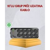 Asiltech 10 Prizli Uzatma Kablosu Termal Koruma USB Type-C Hızlı Şarj 2500W - Çok Renkli