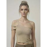 Asimetrik Tek Omuz Triko Crop Bluz - Bej