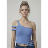 Asimetrik Tek Omuz Triko Crop Bluz - Mavi