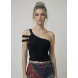 Asimetrik Tek Omuz Triko Crop Bluz - Siyah