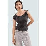 Asimetrik Yaka Kısa Kollu Modal Örme Bluz Günlük Stil Uzun Ömürlü Rahat Ve Şık Konforlu Kesim