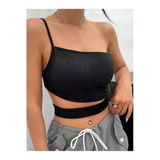 Asimetrik Yaka Siyah Renk Desensiz Çapraz Kesim Fitilli Kısa Kollu Likralı Fit Crop Top Bluz