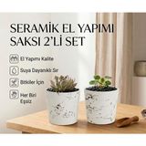 Asitan 2'li Seramik Saksı/dekoratif Kupa Seti Beyaz Siyah Desenli | Modern Dekoratif El Yapımı Tasarım - Çok Renkli
