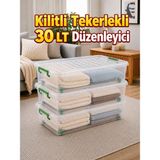 Asitan 3'lü Set 30 Lt Kilitli Tekerlekli Saklama Kutusu Şeffaf Yatak Altı Düzenleyici Kutu 63X40X18 cm - Çok Renkli