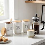 Asitan Haus 3'lü Bambu Kapaklı Seramik Kavanoz Seti - Vakumlu Çay Şeker Kahve Saklama Kabı - Coffee Su - Çok Renkli