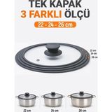 Asitan Silikon Kenarlı 3 Ölçü Cam Tencere Kapağı 22-24-26CM - Çok Renkli