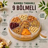 Aşkana %100 Bambu Tabanlı 9 Bölmeli Çerezlik, Atıştırmalık Sunum Tabağı- Şeffaf Plastik Bölmeli ve Plastik Kapaklı - Şeffaf – Ahşap