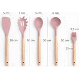 Aşkana 5 Parça Ahşap Saplı Silikon Mutfak Servis Seti-Yanmaz Yapışmaz Kepçe Spatula Kaşık Fırça-Asorti Renkler - Pembe