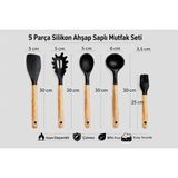 Aşkana 5 Parça Ahşap Saplı Silikon Mutfak Servis Seti-Yanmaz Yapışmaz Kepçe Spatula Kaşık Fırça-Asorti Renkler - Siyah