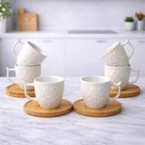 Aşkana 6 Kişilik Porselen Türk Kahvesi Fincan Takımı, Bambu Tabaklı Premium Kahve Seti,Çiçek Desen - Beyaz