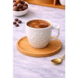 Aşkana 6 Kişilik Porselen Türk Kahvesi Fincan Takımı.bambu Tabaklı Premium Kahve Seti,Sınırlı Stok-Çiçek