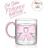 Aşkana Fiyonklu Borosilikat Fenomen Cam Kupa 180 ml | Isıya Dayanıklı Çift Cidarlı Cam Bardak | Şeffaf Tasarım Pembe Kudele Detaylı Kahve Çay Kupası
