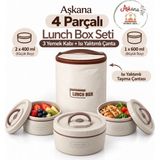 Aşkana Paslanmaz Çelik Taşınabilir Lunch Box Vakumlu Yemek Kabı Seti, Çatal-Kaşık Bölmeli Isı Yalıtımlı Taşıma Çantalı Sefertası Seti - 4 Parça