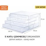Aşkana Şeffaf Akrilik Kozmetik Organizer 5 Katlı Çekmeceli Makyaj Düzenleyici | Çok Amaçlı Organizer Kutu (Makyaj, Takı, Ofis, Manikür Seti) – Büyük Boy 25X18 cm - 26 x 18 x 17 cm
