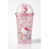 Aşkana Sevimli Hello Kitty Kristal Figürlü Cam Bardak,450 ml, Kız Çocuk Özel Tasarım Pipetli Plastik Suluk,Matara