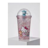 Aşkana Sevimli Hello Kitty Kristal Figürlü Cam Bardak,450 Ml, Kız Çocuk Özel Tasarım Pipetli Plastik Suluk,Matara,Model2
