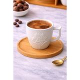 Aşkana Tek Kişilik 2 Parça Porselen Türk Kahvesi Fincan Takımı.Bambu Tabaklı Premium Kahve Seti,Çiçek