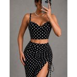 Askılı Bluz Ayarlanabilir Yırtmaçlı Uzun Etek Crop Takim - Siyah Puantiyeli