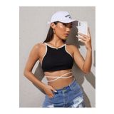 Askılı Halter Yaka İpli Siyah Renk Fitilli Crop Top Bluz