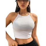 Askılı Halter Yaka Yüzücü Sırtlı Beyaz Renk Fitilli Crop Top Bluz (Beyaz, S)