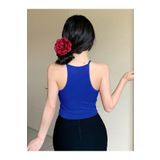 Askılı Halter Yaka Yüzücü Sırtlı Mavi Renk Fitilli Crop Top Bluz