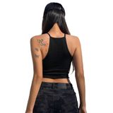 Askılı Halter Yaka Yüzücü Sırtlı Siyah Renk Fitilli Crop Top Bluz (Siyah, S)
