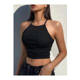 Askılı Halter Yaka Yüzücü Sırtlı Siyah Renk Fitilli Crop Top Bluz