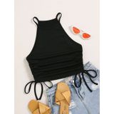 Askılı Halter Yaka Yüzücü Sırtlı Yanları İpli Siyah Renk Fitilli Crop Top Bluz