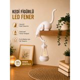 Askılı Kedi Raf Dekoru 24 cm - LED Fenerli Minimalist Salon, Balkon , Raf ve Ev Aksesuarı Dekoratif Obje - Mum Hediyeli - Beyaz