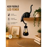 Askılı Kedi Raf Dekoru 24 cm - LED Fenerli Minimalist Salon, Balkon , Raf ve Ev Aksesuarı Dekoratif Obje - Mum Hediyeli - Siyah