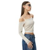 Askılı Madonna Yaka Omzu Açık Tişört Uzun Kollu Renk Kontrastlı Slim Fit