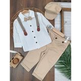 Askılı Şapkalı Papyonlu Gabardin Pantolon Keten Gömlek 5li Erkek Bebek Takım - Bej - Beyaz - 9 - 12 Ay