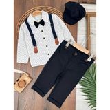 Askılı Şapkalı Papyonlu Gabardin Pantolon Keten Gömlek 5li Erkek Bebek Takım - Lacivert - Beyaz - 6 - 9 Ay