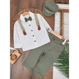 Askılı Şapkalı Papyonlu Gabardin Pantolon Keten Gömlek 5li Erkek Bebek Takım - Yeşil - Beyaz - 6 - 9 Ay