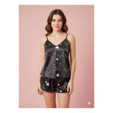 Askılı Şortlu Saten Pijama Takımı Siyah Kedili L