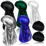 ASKNOTO 5 Adet İpeksi Durag Headwraps Uzun Kuyruklu ve 2 Adet Saten Dalga Şapka Erkekler için Mükemmel 360 Dalgalar