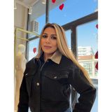 Asl Woman Kadın Siyah Kot Ceket Bej Kadife Yaka Detaylı Çıtçıtlı Kısa Denim Ceket