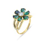 Aslı Gold YZK0547 Kadın Sarı Yeşil Taşlı Altın Nergis Çiçeği Yüzük