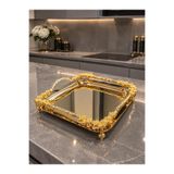 Aslı Hediyelik Lüx Gold Kulplu Gül Detaylı Ayaklı Kare Söz Nişan,Çeyiz,Kahve,Çay Sunum servis Tepsisi
