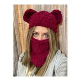 Aslı İplik Balaclava Sevimli Ayı Kar Maskesi Alize Puffy Handmade Moda Bere Şapka Vişne Bordo