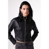 aslico Premium Crop Desenli Slim fit Kadın Siyah Deri Ceket