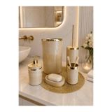 AslıHediyelik 5 Parça Mermer Desen Krem Banyo Seti / Wc Fırçalık, Sıvı - Katı Sabunluk, Çöp Kovası, Diş Fırçalık