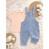 Aslin Store Minik Çiçek Işleme Detaylı Kısa Kollu Kız Bebek Salopetli 2 Li Takım - 6 - 9 Ay - Somon