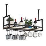 Asma Şarap Şişesi Kadeh Cam Raf, Endüstriyel Tavana Monte Korkuluklu Şarap Rafları, Cam Tutucu ve Raflı Metal Asma Şarap Rafı (Renk: Siyah, Boyut: 100x30x60cm)